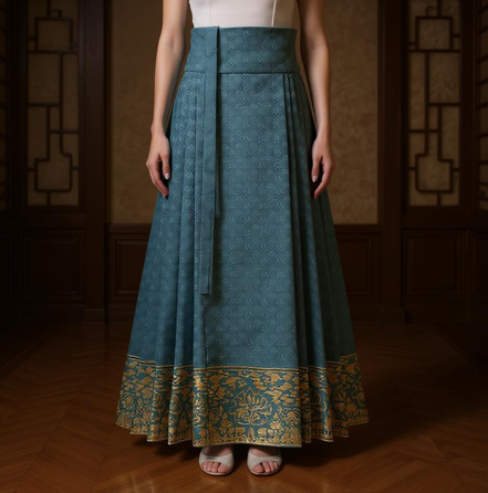 Ming Dynasty Women's Traditional Clothing Nine tailed Fox Green Horse Faced Skirt