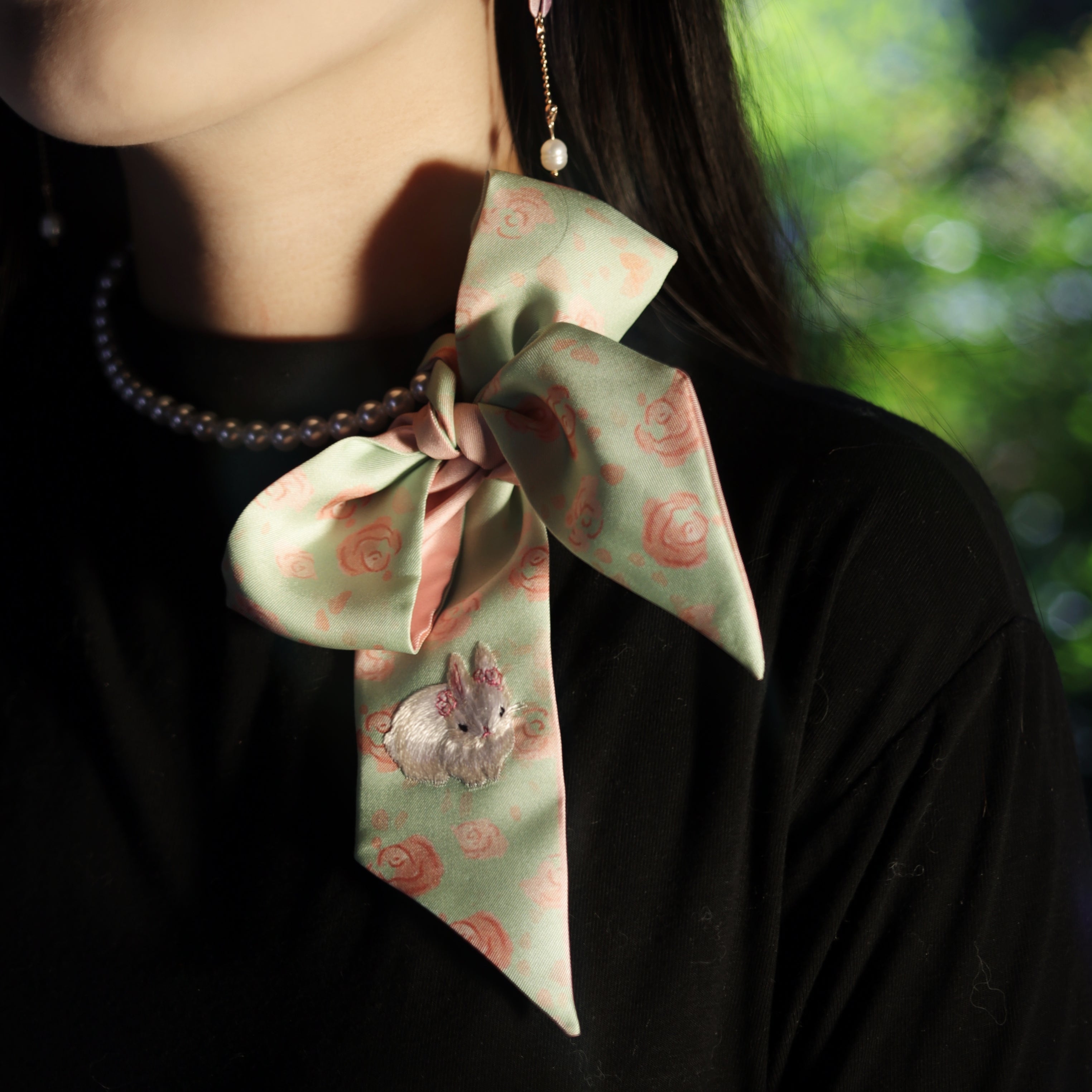 Moonlit Rabbit Suruo Edition Soft Green Real Silk Ribbon Luxury Handmade