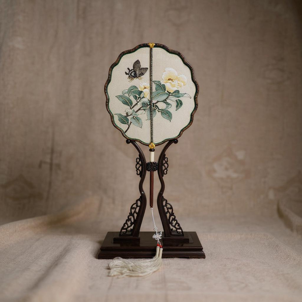 Butterfly and Camellia Kesi Silk Round Fan Artisan Made Cultural Elegance