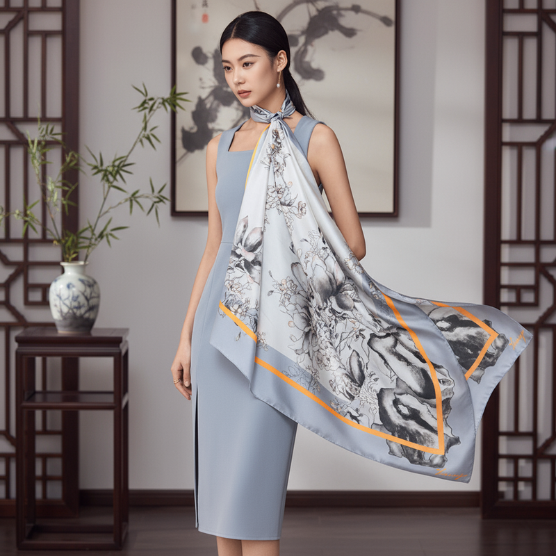 Hall of Harmony Pure Mulberry Silk Scarf Elegant Heritage Design