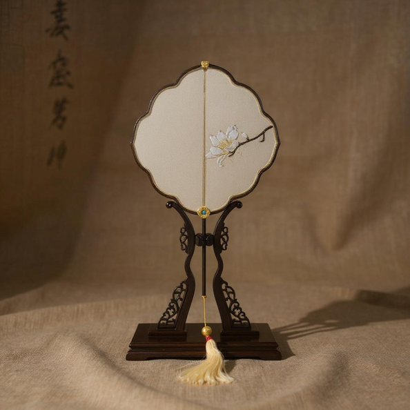 Yulan Grace Magnolia Kesi Silk Fan Handcrafted Chinese Silk Fan with Magnolia Motif