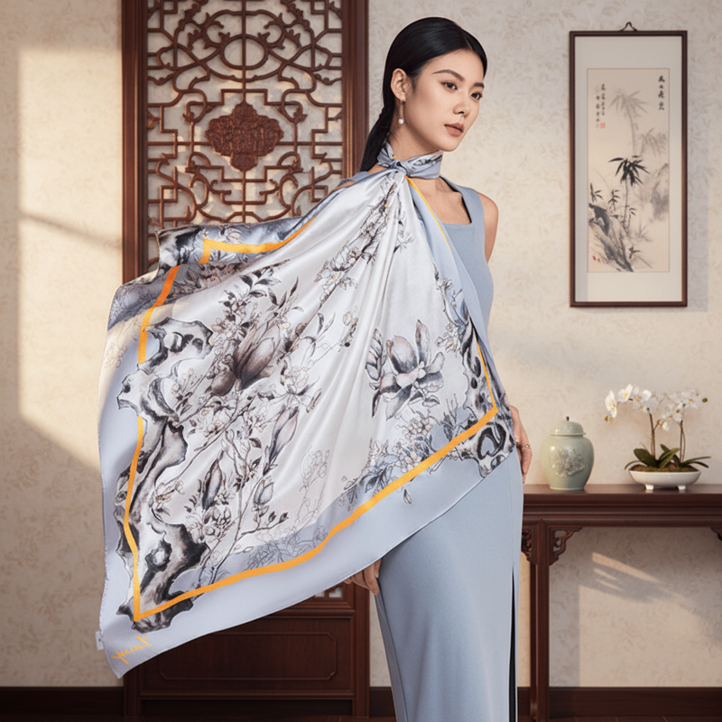 Hall of Harmony Pure Mulberry Silk Scarf Elegant Heritage Design
