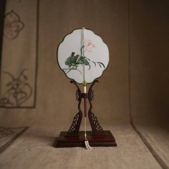 Pure Lotus Kesi Silk Fan Handcrafted Chinese Silk Fan with Lotus Motif