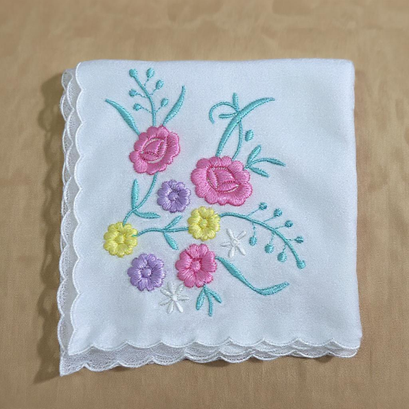 Blossoms Embroidered Handkerchief Soft Cotton Linen Floral Hanky