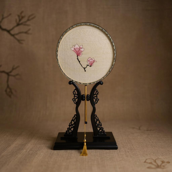 Blush Magnolia Handcrafted Kesi Silk Fan Elegant Chinese Floral Folding Fan