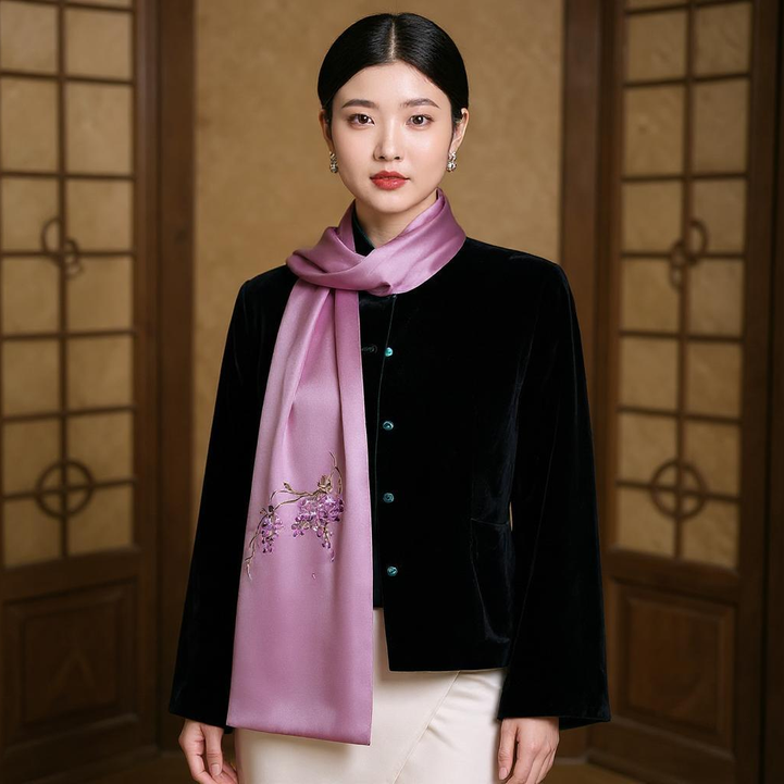 Floral Whispers Suzhou Embroidered Scarf Elegant Silk Wrap with Chinese Floral Design