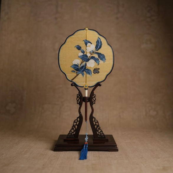 Kapok Blossoms Kesi Silk Fan Artisan-Made Chinese Floral Folding Fan for Women