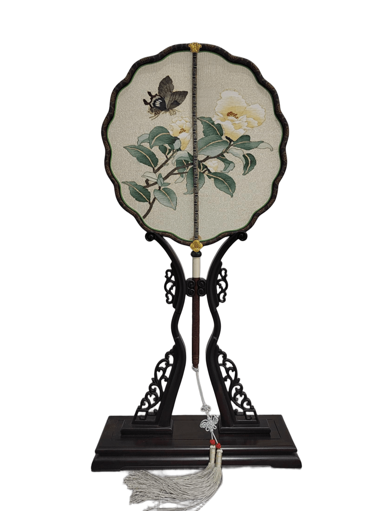 Butterfly and Camellia Kesi Silk Round Fan Artisan Made Cultural Elegance