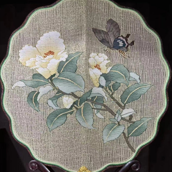 Butterfly and Camellia Kesi Silk Round Fan Artisan Made Cultural Elegance