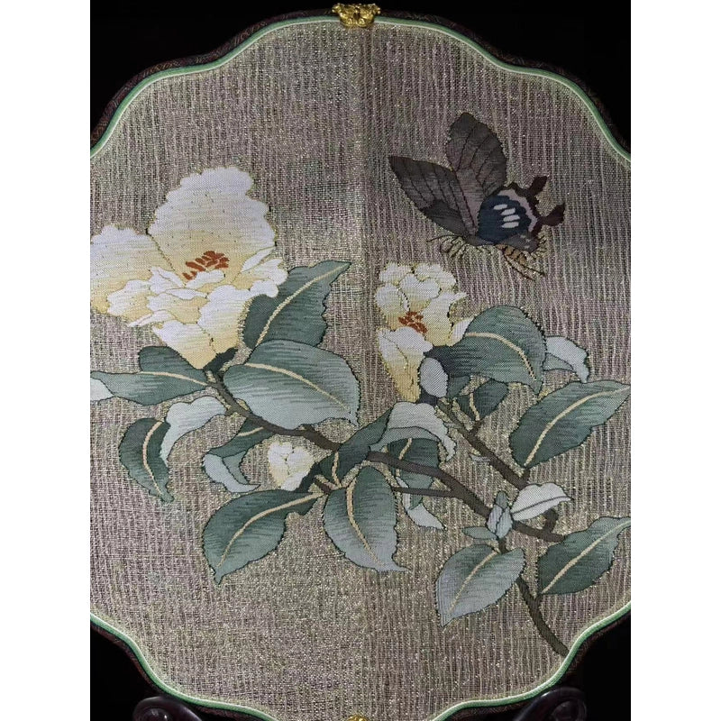 Butterfly and Camellia Kesi Silk Round Fan Artisan Made Cultural Elegance