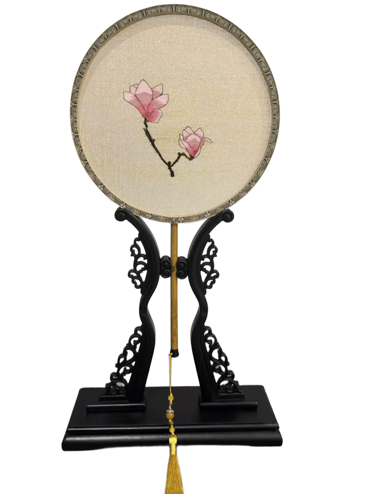 Blush Magnolia Handcrafted Kesi Silk Fan Elegant Chinese Floral Folding Fan