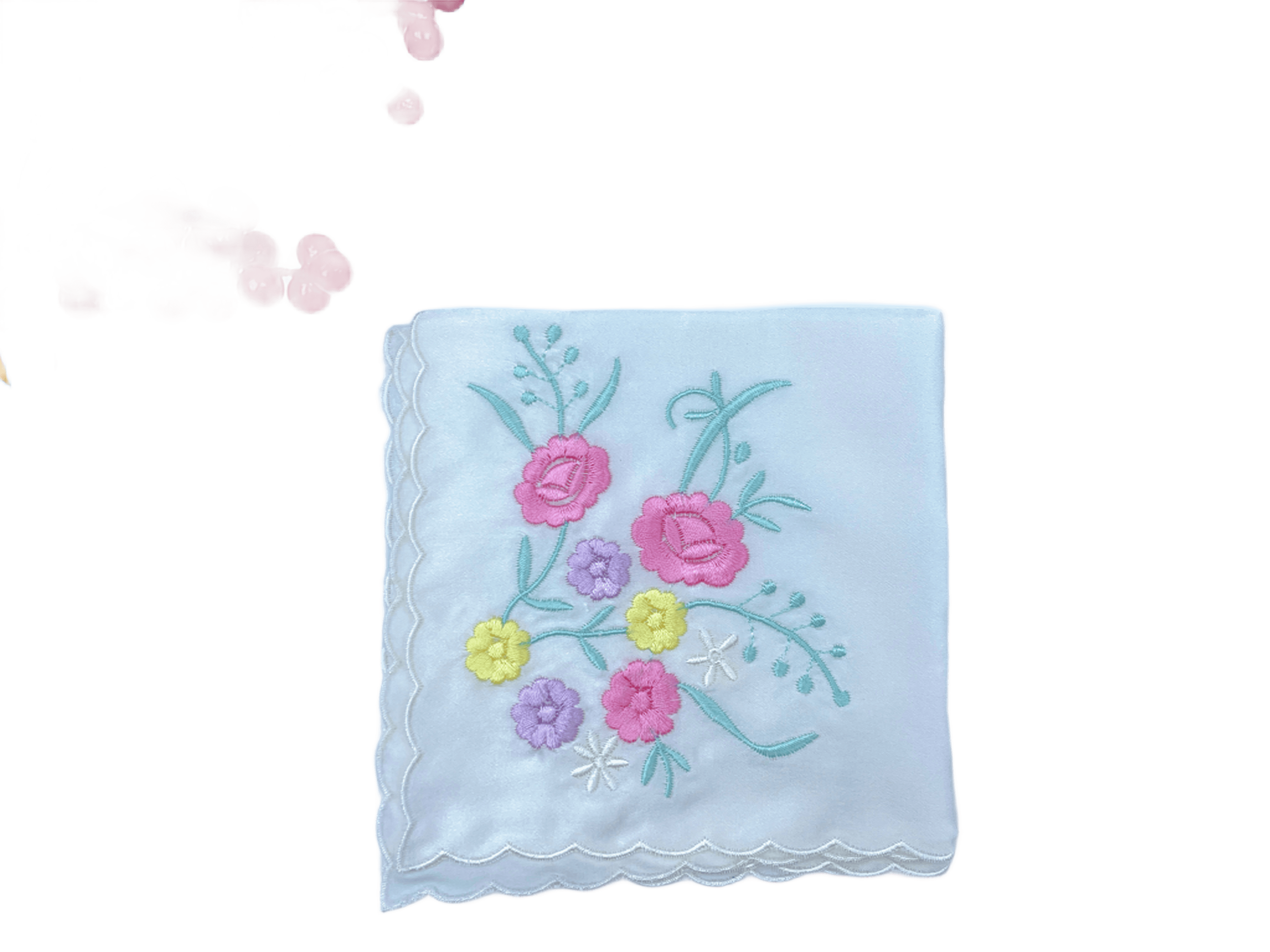 Blossoms Embroidered Handkerchief Soft Cotton Linen Floral Hanky