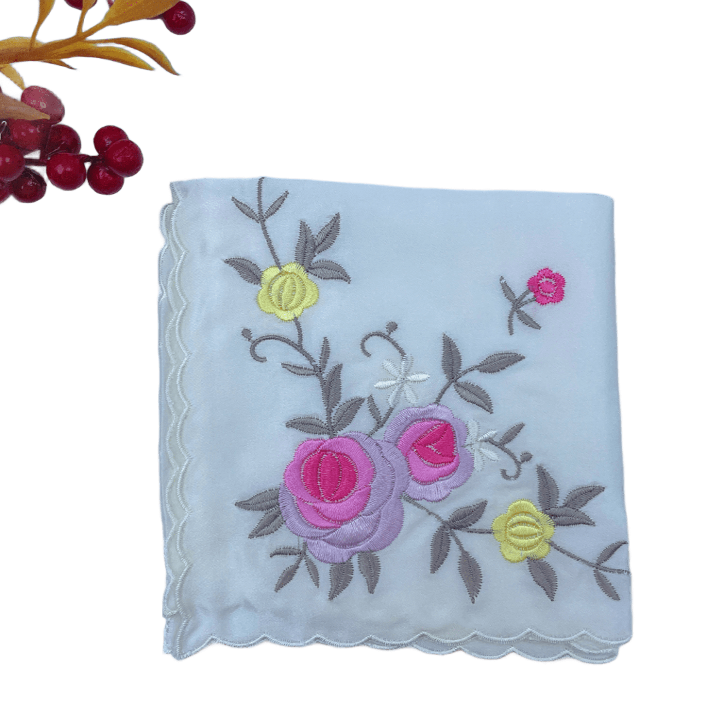Blossoms Embroidered Handkerchief Soft Cotton Linen Floral Hanky - CGC-ICH STORE