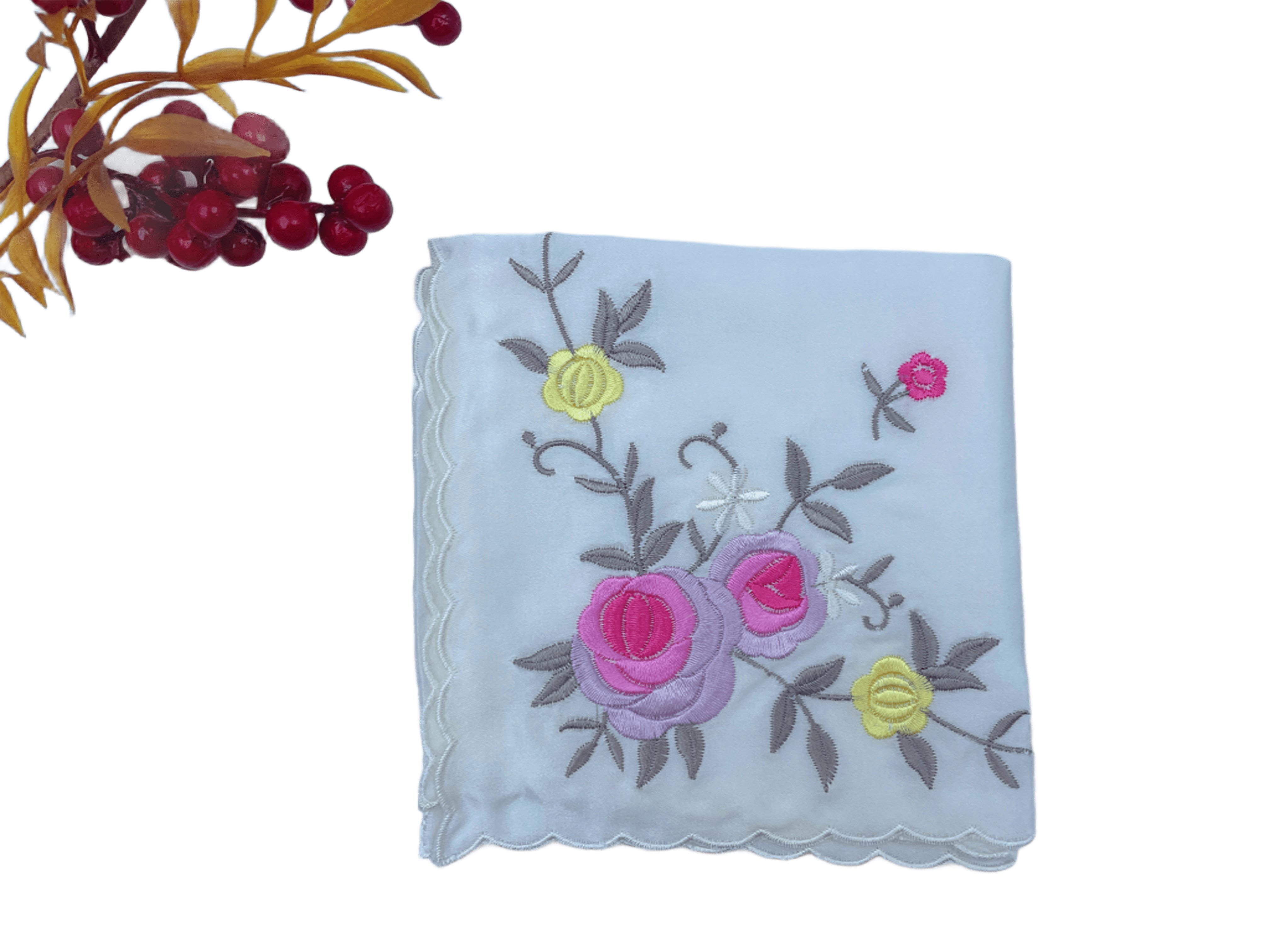 Blossoms Embroidered Handkerchief Soft Cotton Linen Floral Hanky