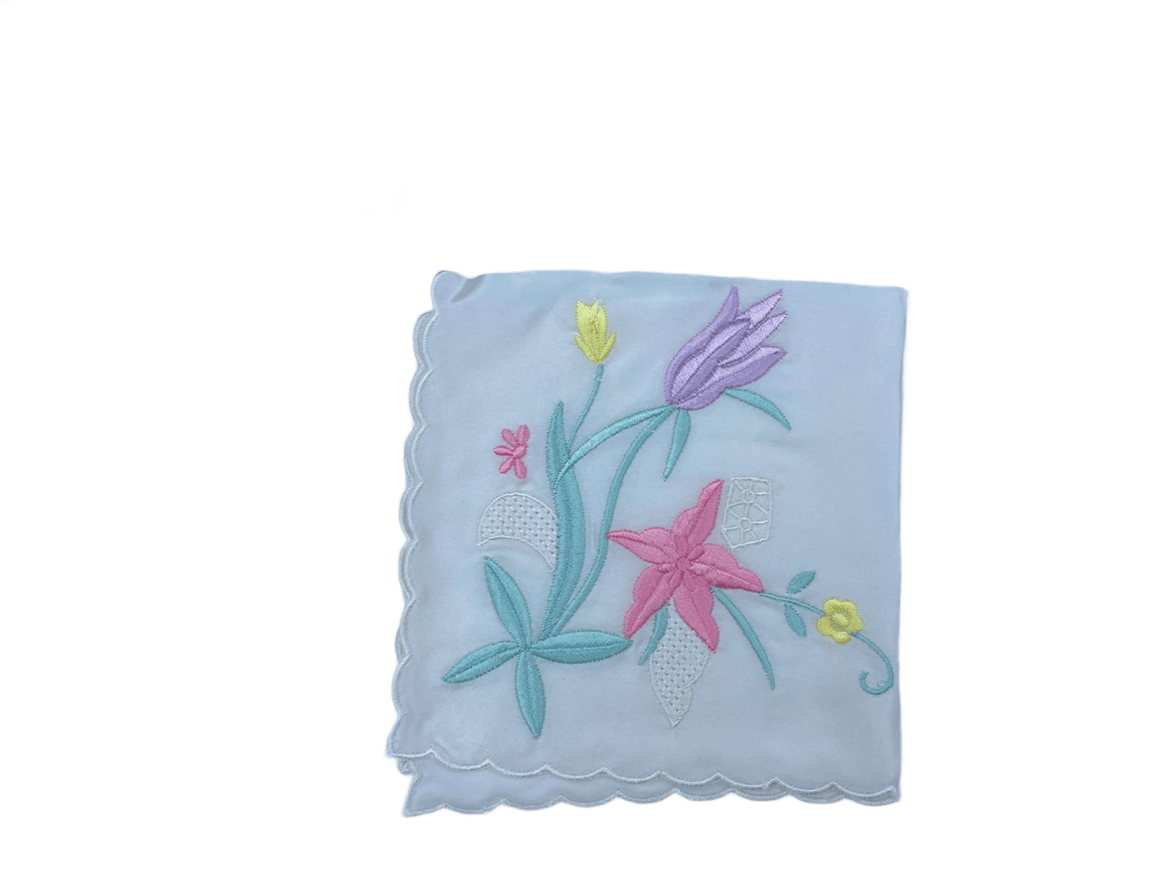 Blossoms Embroidered Handkerchief Soft Cotton Linen Floral Hanky